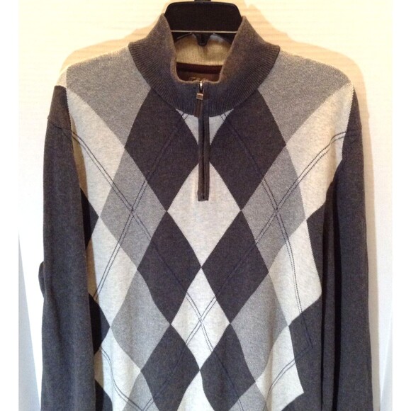 Tassa Elba Argyle Sweater Men L Gray 1/4 Zip Pullover Preppy Grandpa Winter Cozy - Picture 4 of 11